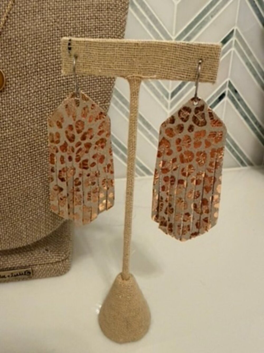 Rose Gold Leopard Print Faux Leather Fringe Statement Earrings